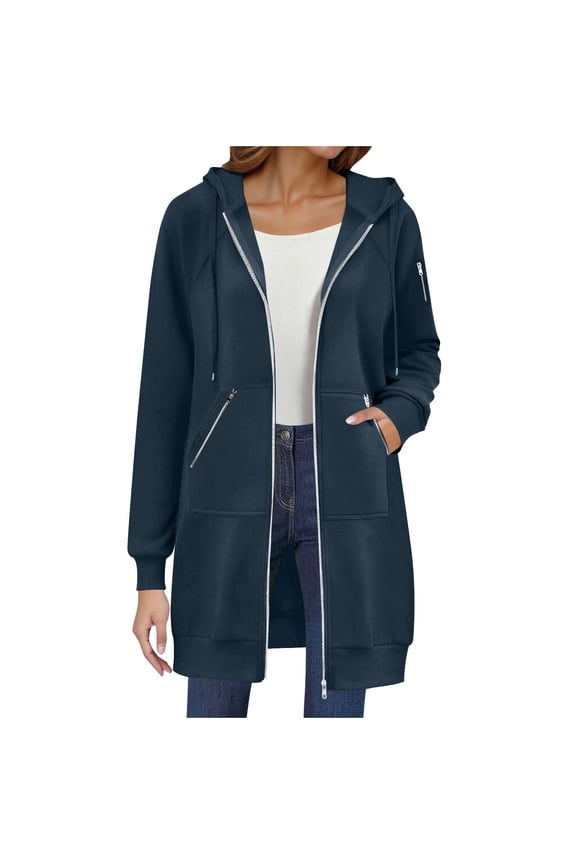 Women's Zip Up Hoodies Long Tunic Sweatshirts Oversized Casual Long Sleeve Fall Hoodie Jacket Coat with Zipper Pocket (Navy, L)