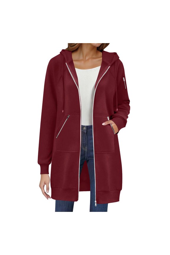 Women's Zip Up Hoodies Long Tunic Sweatshirts Oversized Casual Long Sleeve Fall Hoodie Jacket Coat with Zipper Pocket (Wine, L)