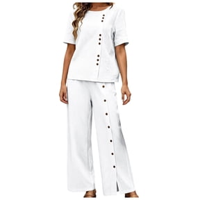 vigerkar Women's round neck short sleeved button up shirt wide leg pants set, Casual Work 2-piece set (White, S)