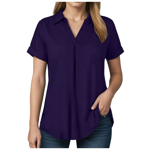 vigerkar Women's short Sleeve Tunic Shirts Business Casual Blouses V Neck Work Tops 2025 Dark Purple, S