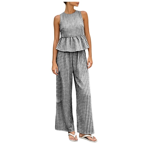 vigerkar Womens 2 Outfits Sets Gingham Plaid Sleeveless Ruffle Tank Tops Wide Leg Pants Summer Matching Lounge Sets (Black, XL)