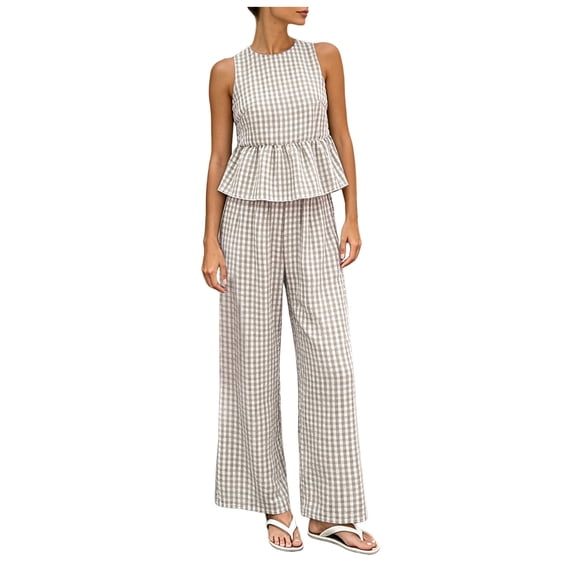 vigerkar Womens 2 Outfits Sets Gingham Plaid Sleeveless Ruffle Tank Tops Wide Leg Pants Summer Matching Lounge Sets (Coffee, XXL)
