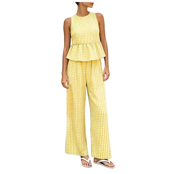 vigerkar Womens 2 Outfits Sets Gingham Plaid Sleeveless Ruffle Tank Tops Wide Leg Pants Summer Matching Lounge Sets (Yellow, XL)