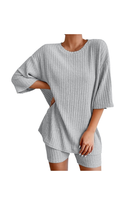 Womens 2 Piece Outfit Casual Two Piece Summer Sets 2032 Fashion Oversize Shirts Biker Shorts Tracksuit Grey, L