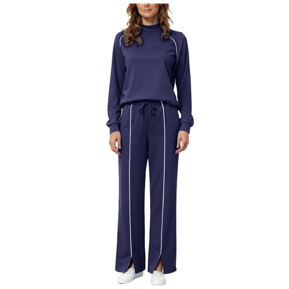 vigerkar Womens 2 Piece Outfits Casual Sweatsuits Lounge Set Travel Wide Leg Pants Striped Tracksuit (Dark Blue, XXL)