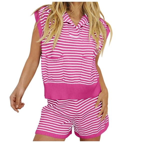vigerkar Womens 2 Piece Outfits Striped Knit Sleeveless V Neck Vest Casual Summer Loungewear Shorts Sets (Pink, M)