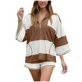 thumbnail image 1 of vigerkar Womens 2 Piece Outfits Summer Striped Workout Set Oversized Matching Lounge Sets Two Piece Short Set Brown, S, 1 of 7