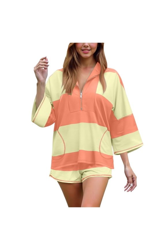 Womens 2 Piece Outfits Summer Striped Workout Set Oversized Matching Lounge Sets Two Piece Short Set Yellow, L