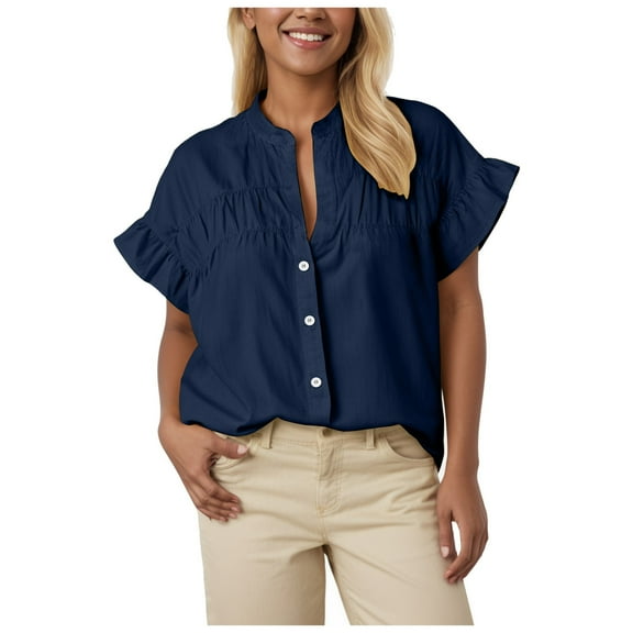 vigerkar Womens 2025 Button Down Shirts Ruffle Short Sleeve Loose Summer Tops Dressy Casual V Neck Business Work Blouses Navy, S