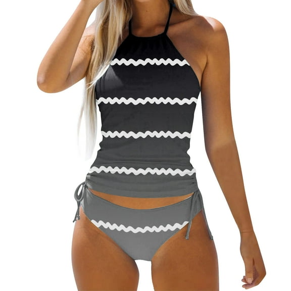 vigerkar Womens 2025 Fashion Stripes Print Lined Up Tankini Sets Swimsuits Bathing Suit Swimwear Grey, S