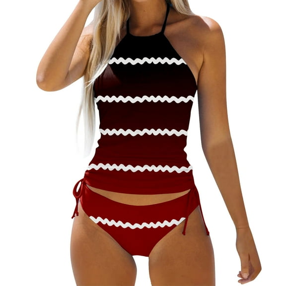 vigerkar Womens 2025 Fashion Stripes Print Lined Up Tankini Sets Swimsuits Bathing Suit Swimwear Wine, XXL