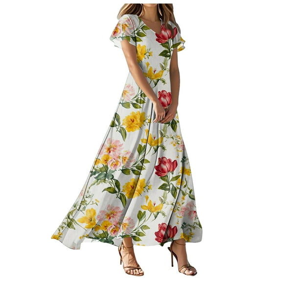 vigerkar Womens 2025 Summer Casual V Neck Boho Maxi Dress Flowy Aline Short Sleeve Tiered Floral Dresses Green, L