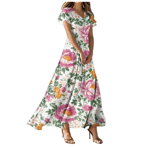 vigerkar Womens 2025 Summer Casual V Neck Boho Maxi Dress Flowy Aline Short Sleeve Tiered Floral Dresses Pink, XL