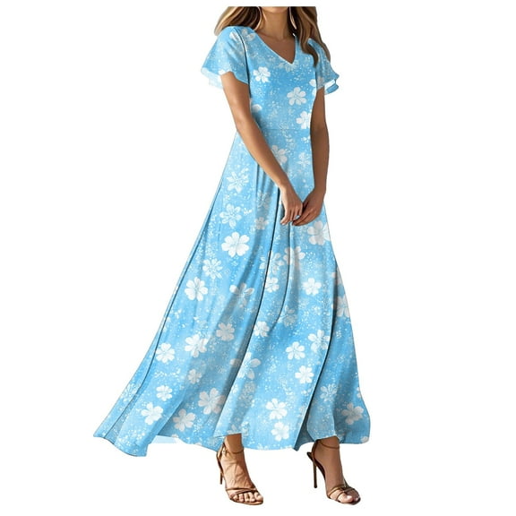 vigerkar Womens 2025 Summer Casual V Neck Boho Maxi Dress Flowy Aline Short Sleeve Tiered Floral Dresses Sky Blue, 3XL