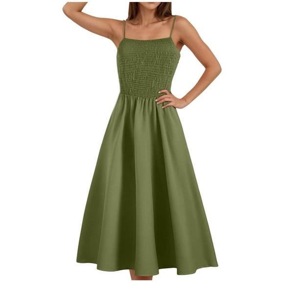 vigerkar Womens 2025 Summer Dress Casual Sleeveless Spaghetti Strap Smocked Ruffle Beach Long Maxi Dress with Pockets AG, L