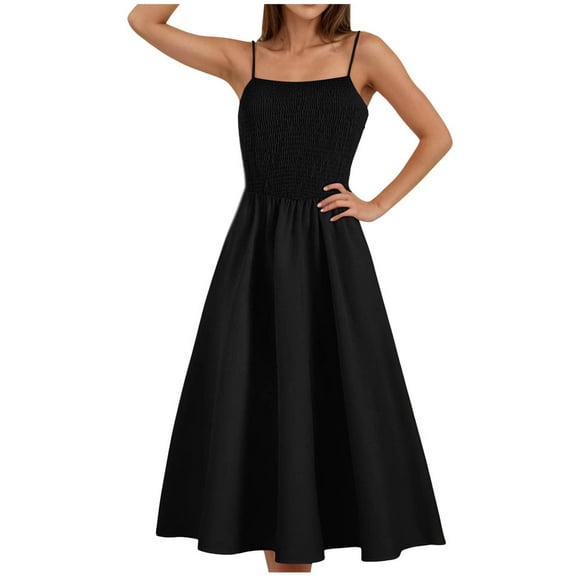 vigerkar Womens 2025 Summer Dress Casual Sleeveless Spaghetti Strap Smocked Ruffle Beach Long Maxi Dress with Pockets Black, XXL