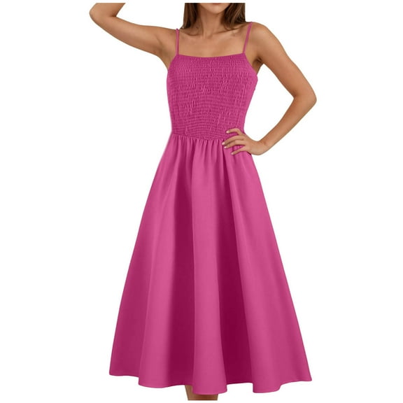vigerkar Womens 2025 Summer Dress Casual Sleeveless Spaghetti Strap Smocked Ruffle Beach Long Maxi Dress with Pockets Hot Pink, S