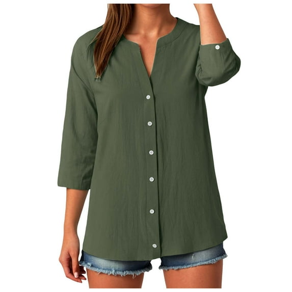 vigerkar Womens 3/4 Sleeve Button Down Shirts Cotton Linen Roll Up Short Sleeve Tops V Neck Casual Loose Fit Blouses AG, XXL