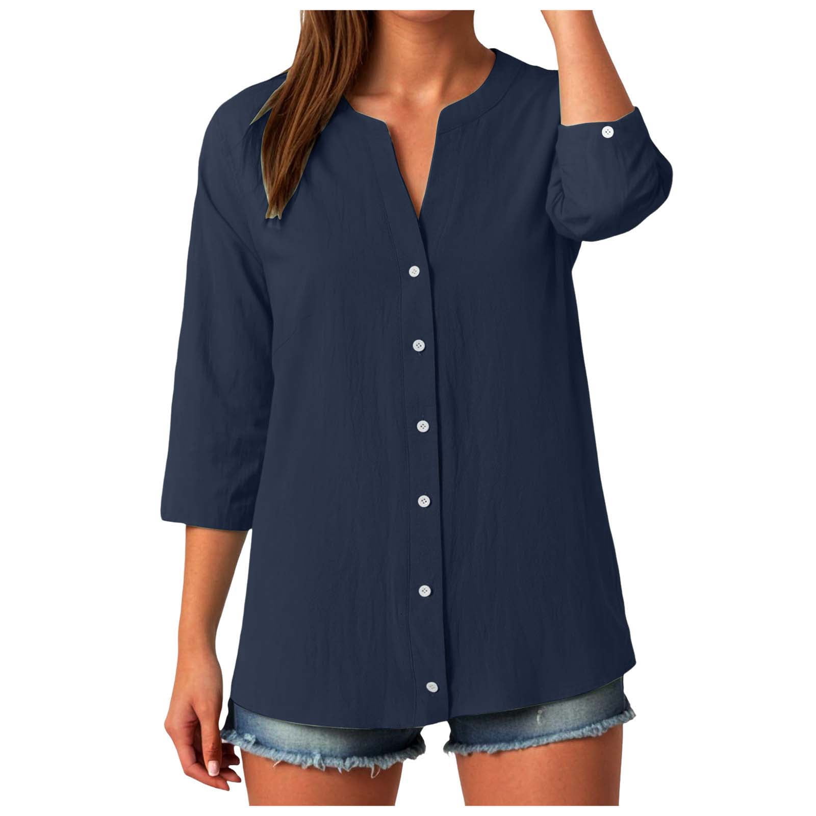vigerkar Womens 3/4 Sleeve Button Down Shirts Cotton Linen Roll Up ...