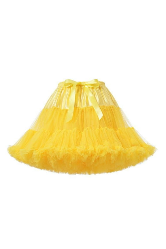 Womens 3-Layered Pleated Tulle Petticoat Tutu Puffy Party Skirt Yellow, One Size