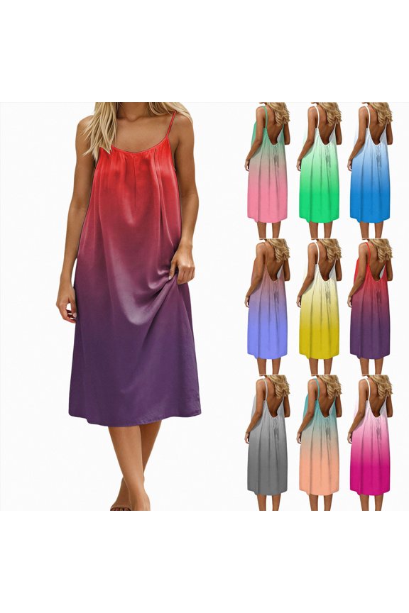 Womens Backless Cami Dresses Summer Spaghetti Strap Maxi Dress Flowy Color Gradient Vacation Open Back Sundress (Blue, M)