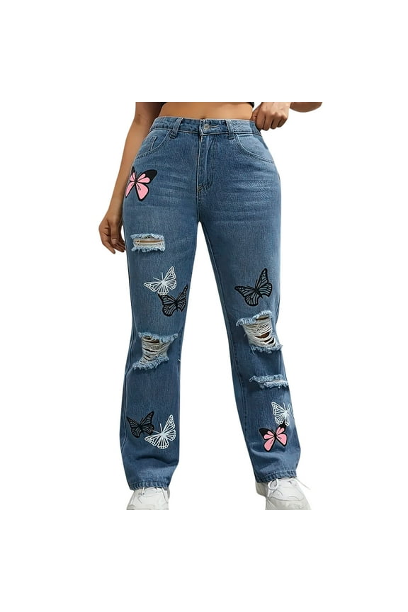 Womens Baggy Ripped Jeans High Waist Butterfly Distressed Straight Leg Jeans Cut Out Boyfriend Denim Pants Blue, M