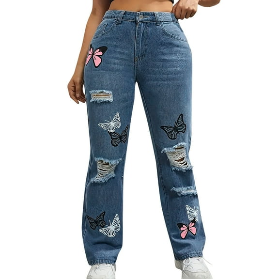 vigerkar Womens Baggy Ripped Jeans High Waist Butterfly Distressed Straight Leg Jeans Cut Out Boyfriend Denim Pants Blue, XL