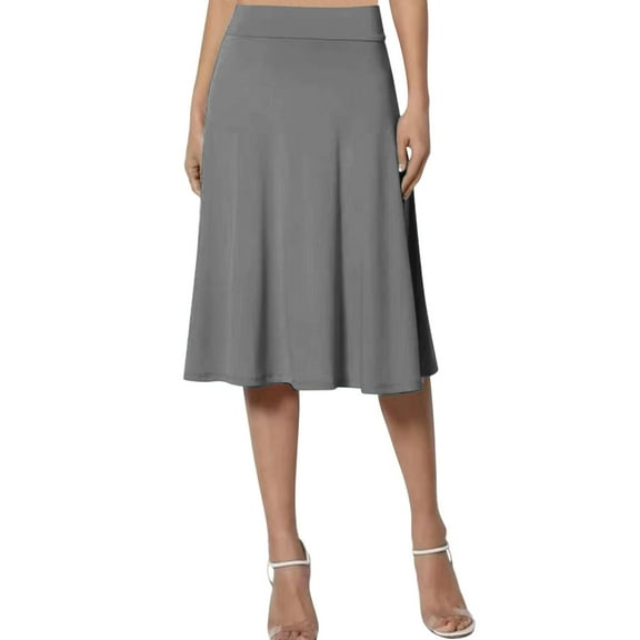 vigerkar Womens Basic Solid Midi Skirts Casual Knee Length A-Line Skirt Lightweight Flare Pull On Closure Skirt Plus Size Grey, L
