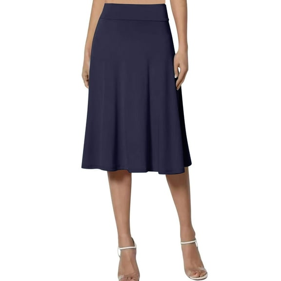 vigerkar Womens Basic Solid Midi Skirts Casual Knee Length A-Line Skirt Lightweight Flare Pull On Closure Skirt Plus Size Navy, L