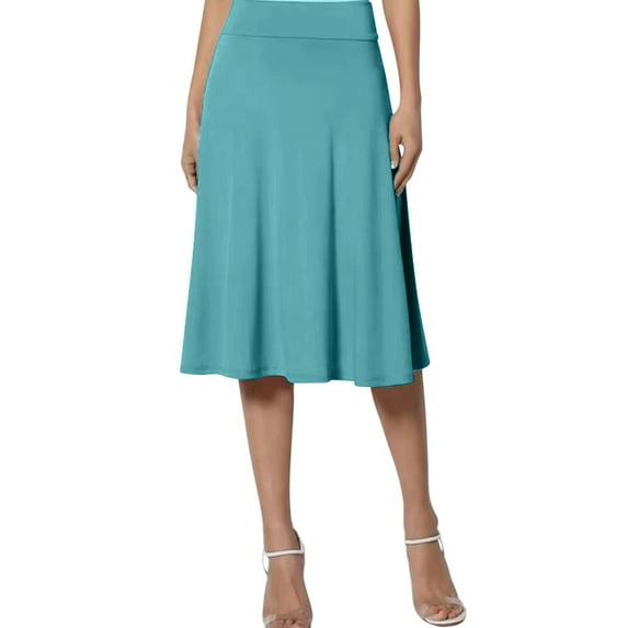 vigerkar Womens Basic Solid Midi Skirts Casual Knee Length A-Line Skirt Lightweight Flare Pull On Closure Skirt Plus Size Sky Blue, XXL
