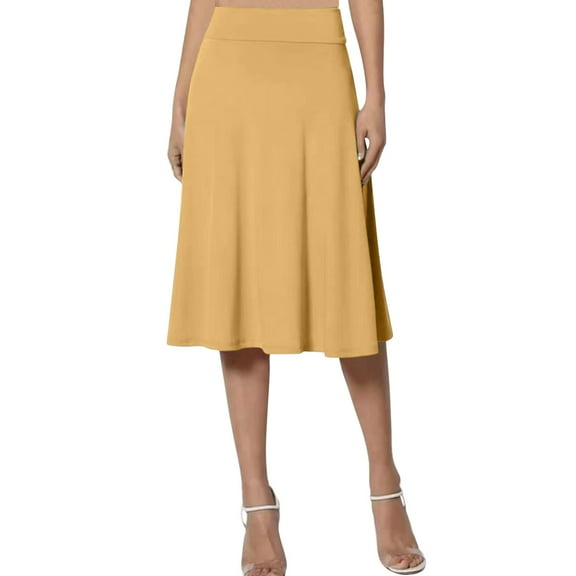 vigerkar Womens Basic Solid Midi Skirts Casual Knee Length A-Line Skirt Lightweight Flare Pull On Closure Skirt Plus Size Yellow, XXL
