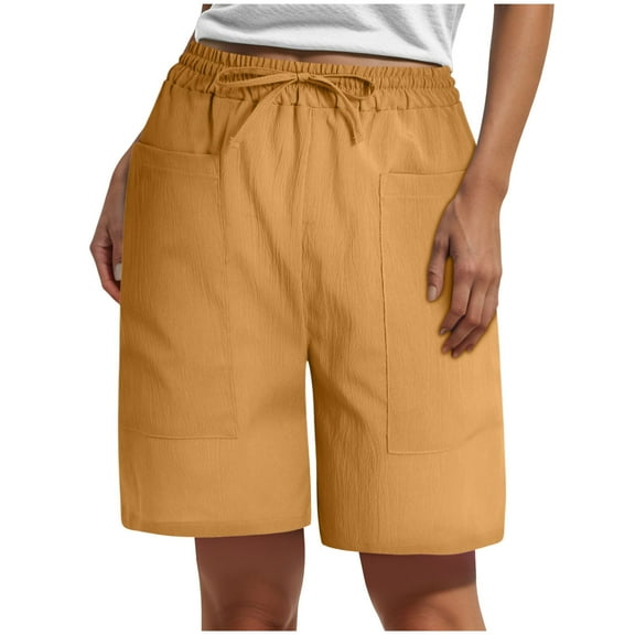 vigerkar Womens Bermuda Shorts Casual Loose Elastic Drawstring Beach Knee Length short Pants with Pockets Yellow, XXL