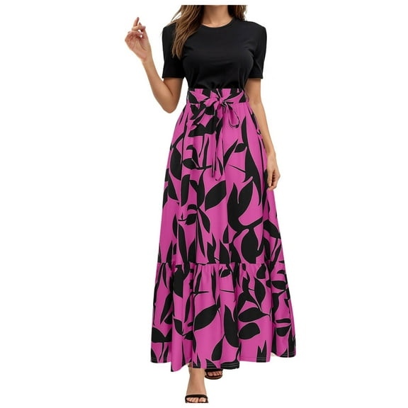 vigerkar Womens Boho Maxi Dresses 2025 Floral Print Summer Flowy A-Line Style Short Sleeve Dress with Belt Hot Pink, M