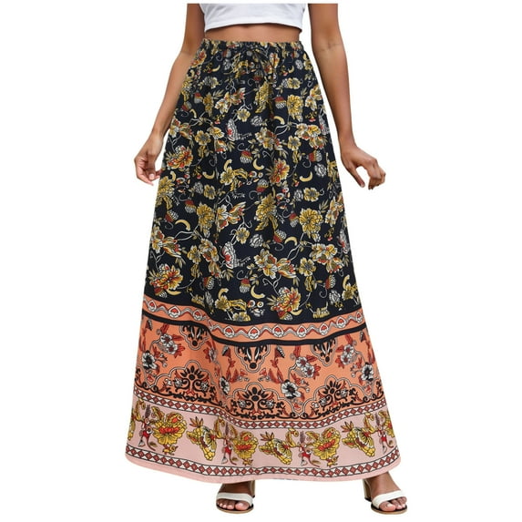 vigerkar Womens Boho Maxi Skirt 2025 Summer Floral Print Flowy Long Skirts Trendy Smocked High Waisted Tiered Maxi Skirts Black, L