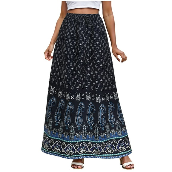vigerkar Womens Boho Maxi Skirt 2025 Summer Floral Print Flowy Long Skirts Trendy Smocked High Waisted Tiered Maxi Skirts Navy, S