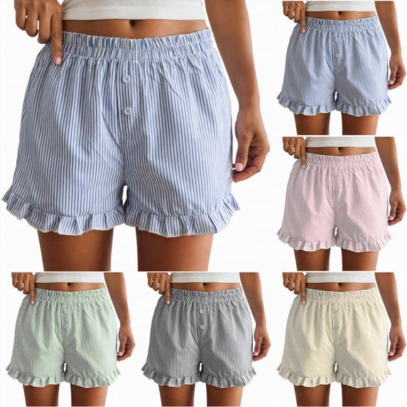 vigerkar Womens Boxer Shorts Y2K Ruffle 2026 Summer Spring Lounge Striped Casual Beach Pj Bottoms Pockets (Light Green, XXL)