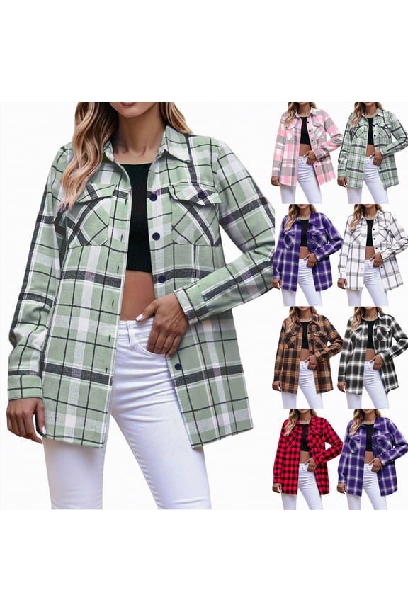Womens Buffalo Plaid Flannel Shirt Jacket Long Sleeve Collar Button Down Shacket Coats Lightweight Tops (White, XXL)