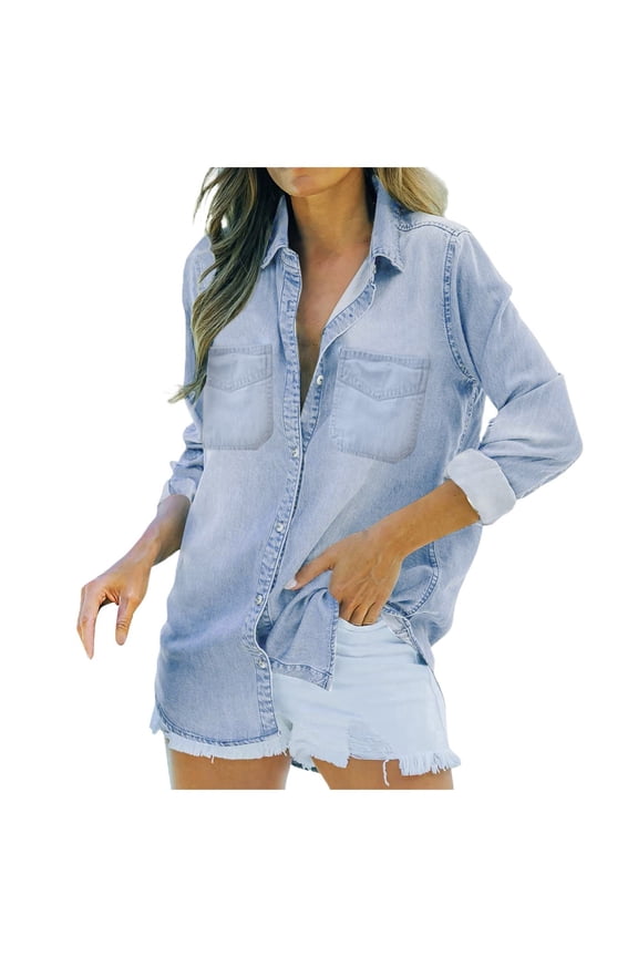 Womens Button Down Denim Shirt Casual Long Sleeve Collared Boyfriend Jean Jacket Shacket with Pockets (Light Blue, M)