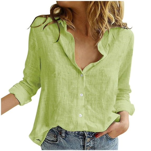 vigerkar Womens Button Down Shirt 2025 Summer Casual Long Sleeve Solid Color Shirts Loose Work Tops Green, M