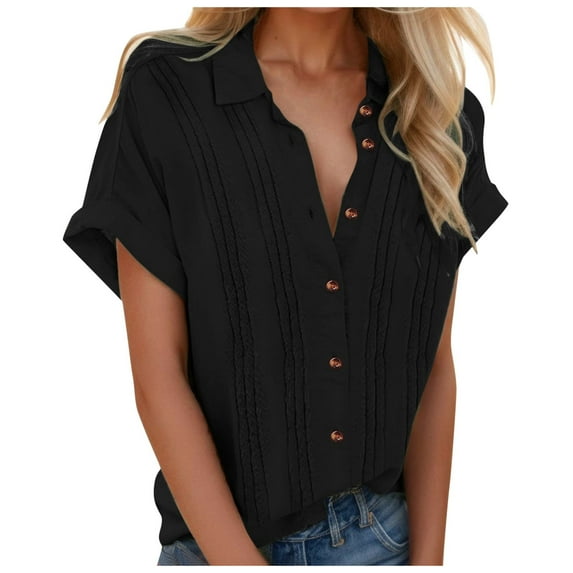vigerkar Womens Button Down Shirts Casual Short Sleeve Dress Shirt Textured Collared Summer Work Blouse Black, L