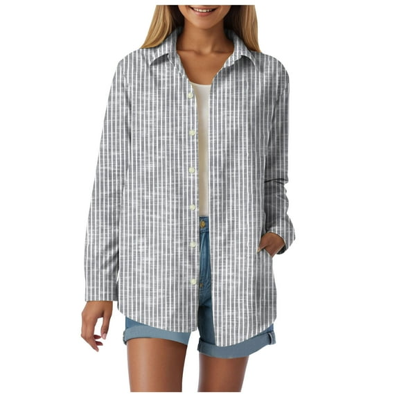 vigerkar Womens Button Down Shirts Cotton Striped Dress Shirt Long Sleeve Collared Office Work Blouses Tops Grey, XL