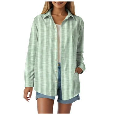 vigerkar Womens Button Down Shirts Cotton Striped Dress Shirt Long Sleeve Collared Office Work Blouses Tops Light Green, M