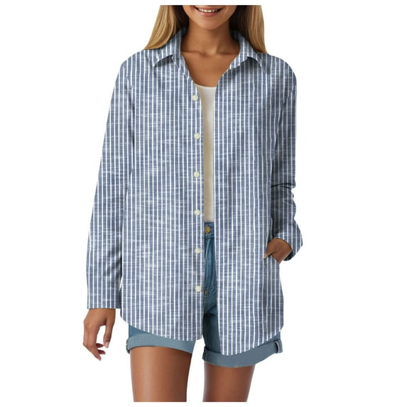 vigerkar Womens Button Down Shirts Cotton Striped Dress Shirt Long Sleeve Collared Office Work Blouses Tops Navy, XL