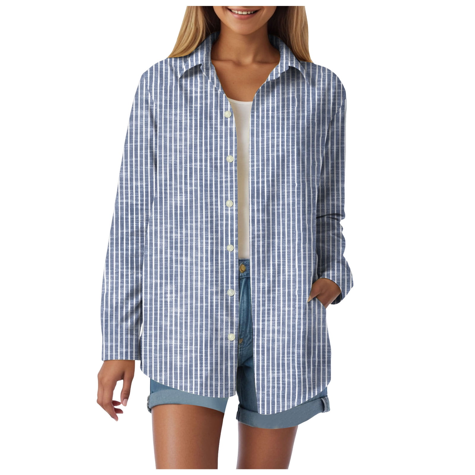 vigerkar Womens Button Down Shirts Cotton Striped Dress Shirt Long ...