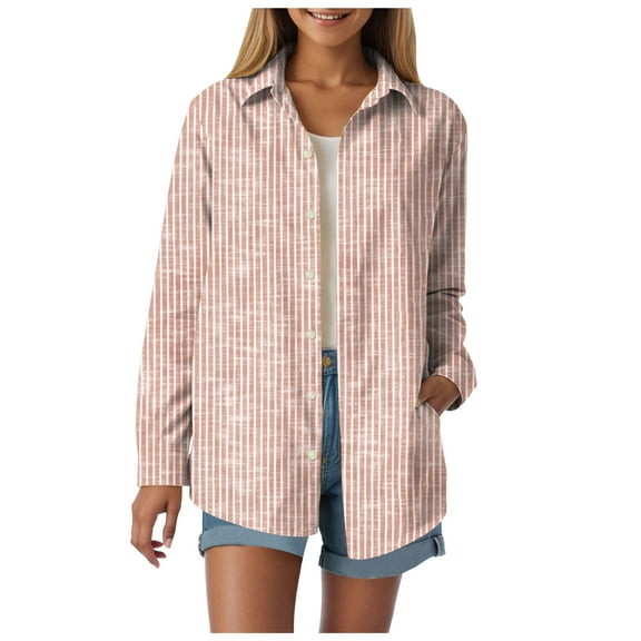 vigerkar Womens Button Down Shirts Cotton Striped Dress Shirt Long Sleeve Collared Office Work Blouses Tops Orange, XL
