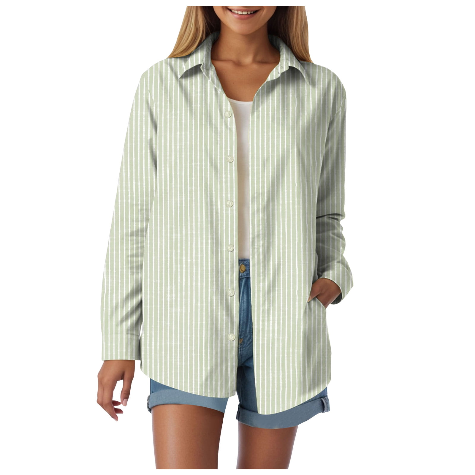 vigerkar Womens Button Down Shirts Cotton Striped Dress Shirt Long ...