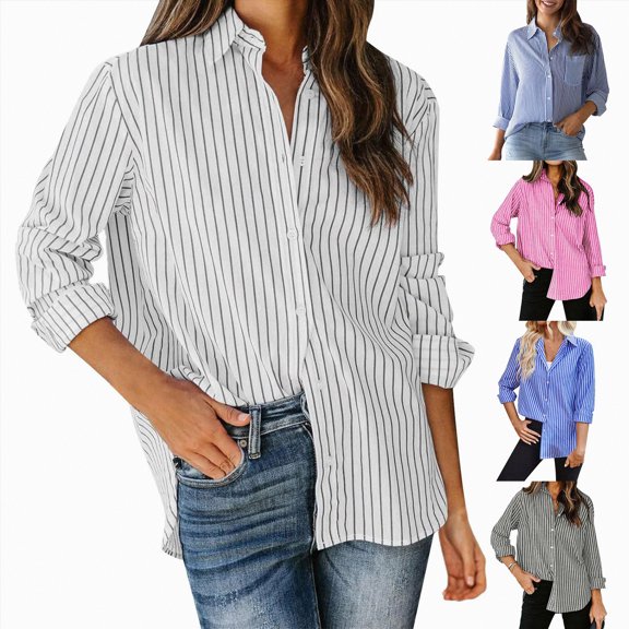 vigerkar Womens Button Down Shirts Striped Classic Long Sleeve Collared Office Work Blouses Tops with Pocket (Light Gray, L)