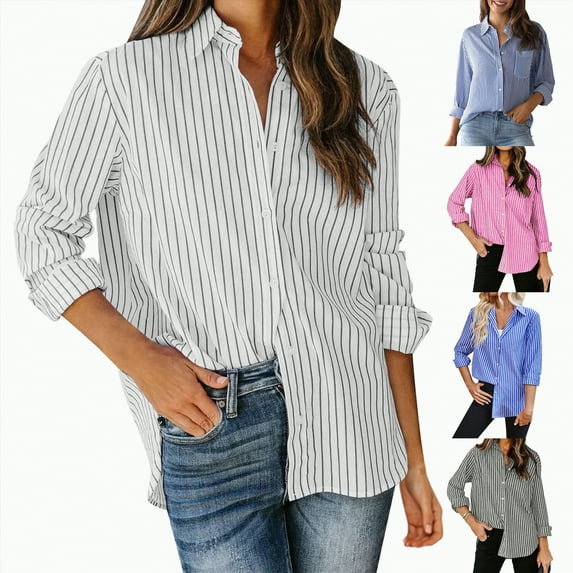 vigerkar Womens Button Down Shirts Striped Classic Long Sleeve Collared Office Work Blouses Tops with Pocket (Light Gray, M)