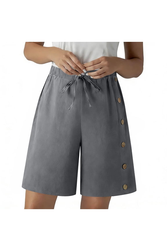 Womens Button Side Summer Linen Shorts, Lightweight Loose Elastic Waist Lounge Bermuda Shorts with Pockets (Grey, XXL)