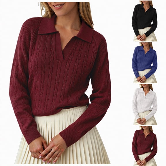 vigerkar Womens Cable Knit Sweaters Long Sleeve V Neck Sweater Tops Casual Pullover Polo Shirts Fashion Outfits (White, L)